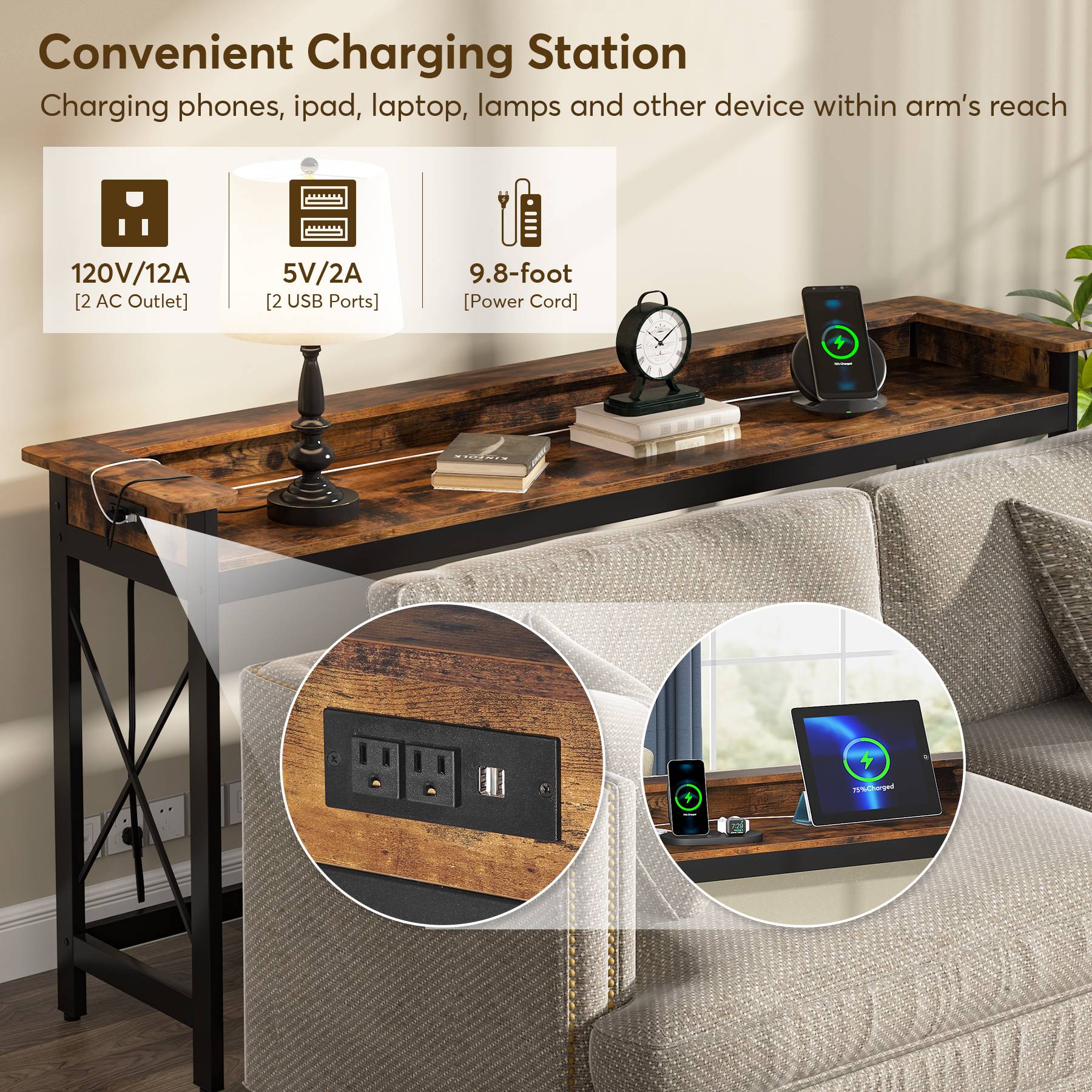 Console Table, 70.9" Sofa Table with Outlets and USB Ports Tribesigns